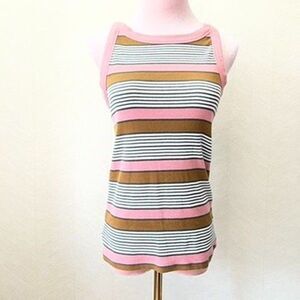 Loft Pink Brown Striped Stretch Ribbed Knit Boat Neck Tank Top Womens Size S